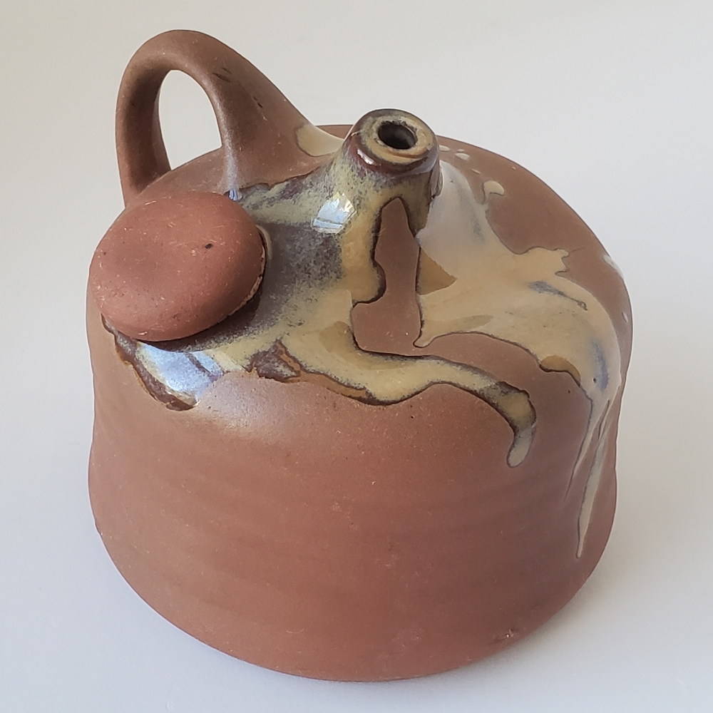 Vintage 1960s Danish Modern Style Stoneware Oil Cruet Terracotta Drip Glaze